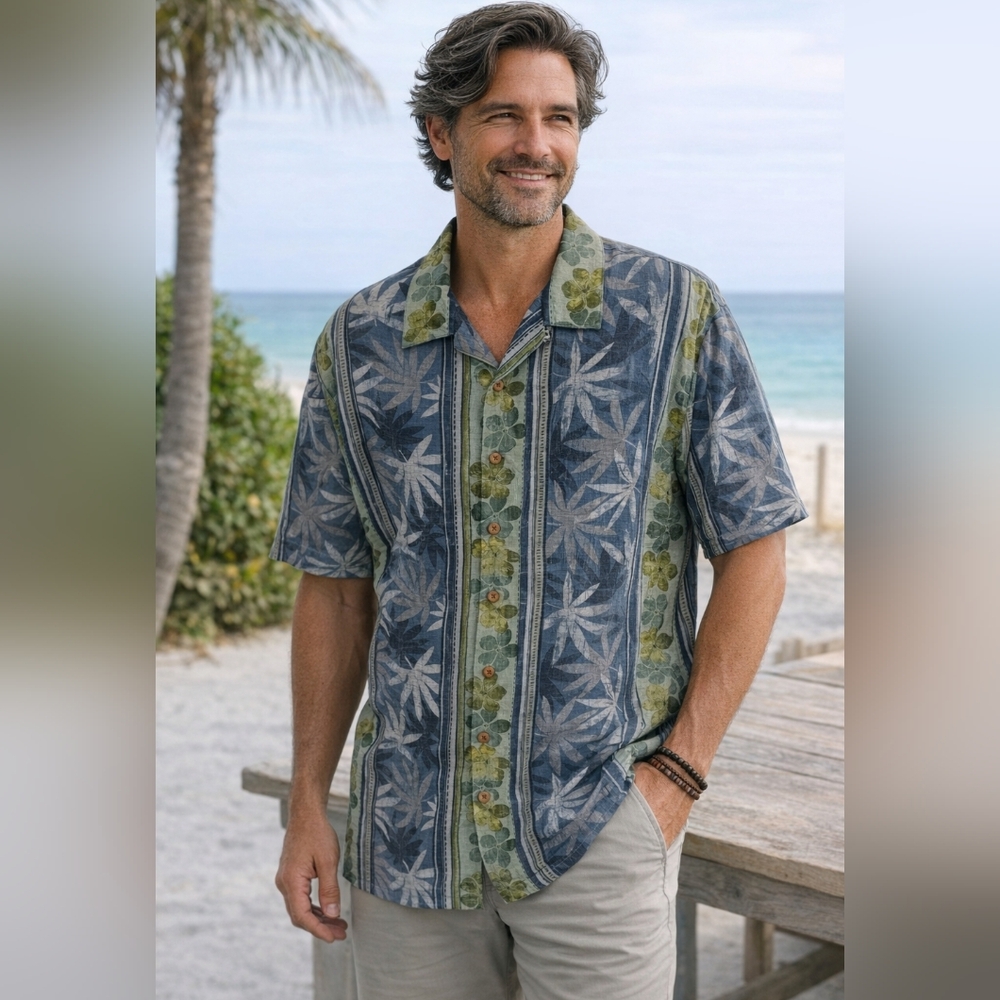 Tommy Bahama Relax Shirt XL 100% Linen Blue Green Floral Leaf Print Hawaii